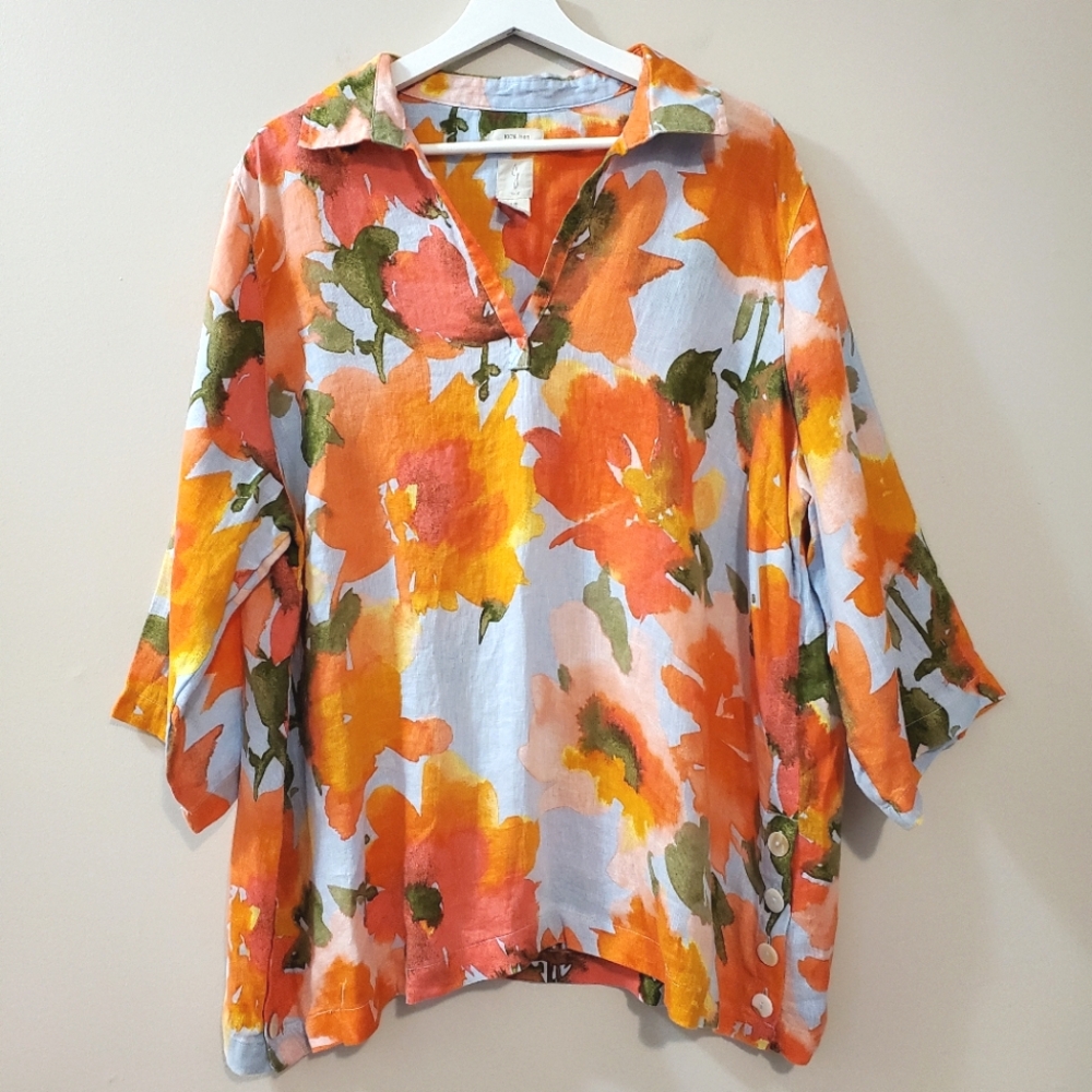 Joie - 100% Linen Tropical Floral Print Tunic Top - Size 1X